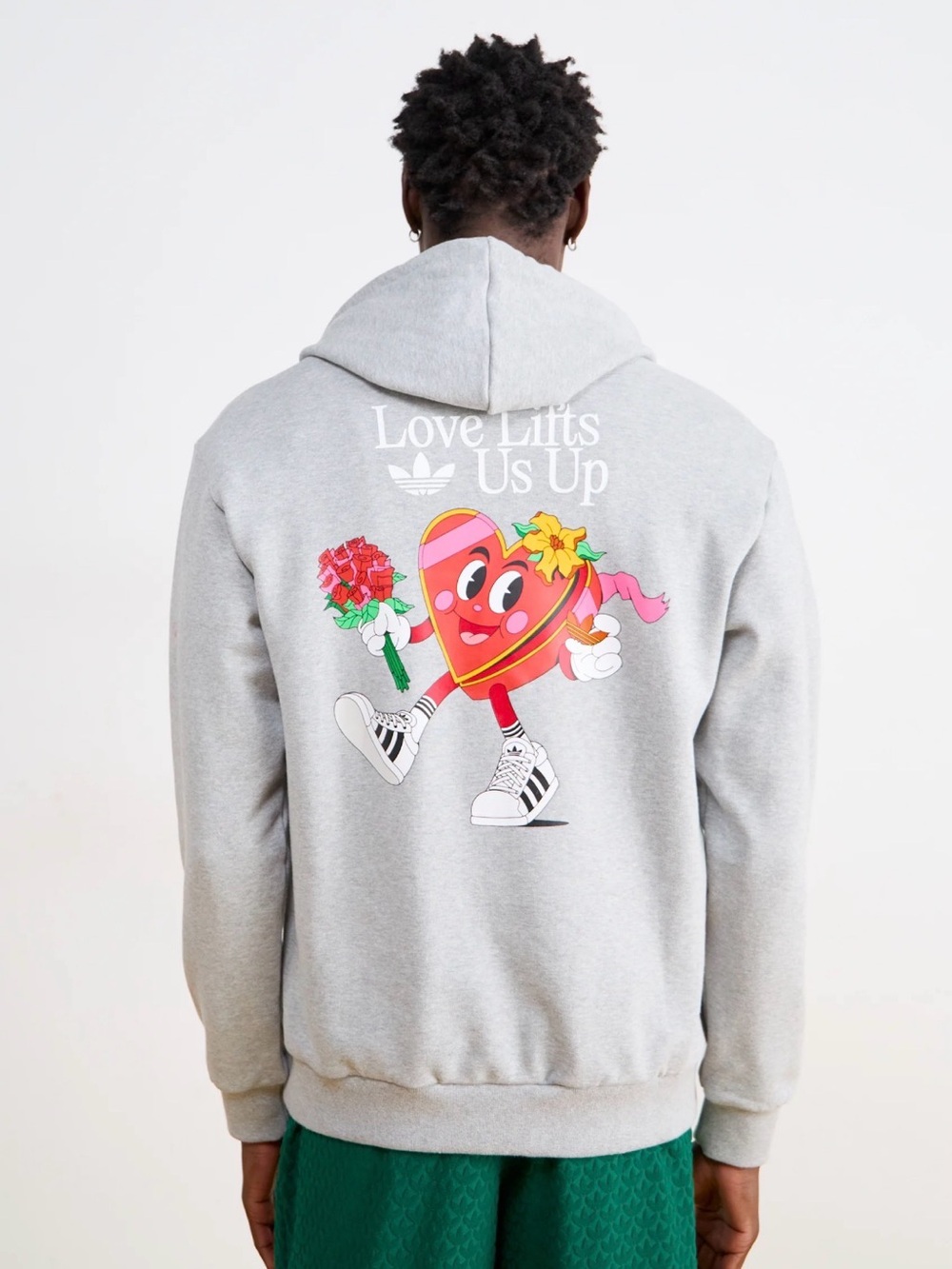 adidas Men’s Light Gray Zip-Up Hoodie with Colorful Heart Graphic